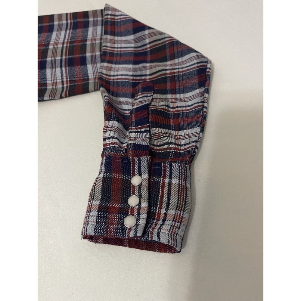 Dee Cee Vintage 80s Red Blue Plaid Pearl Snap Western Raw Hem Shirt 15 1/2 - 35 - Picture 5 of 8